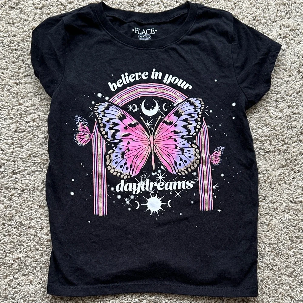 The Children's Place Black Tee with Pink and Purple Butterfly girls size small